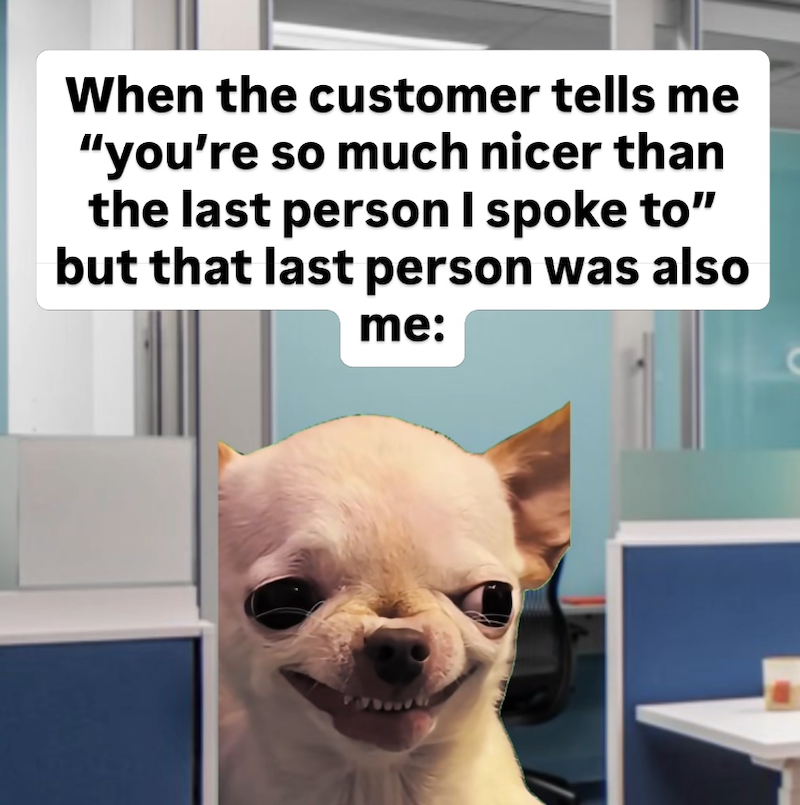When the customer tells me "you're so much nicer than the last person I spoke to" but that last person was also me: