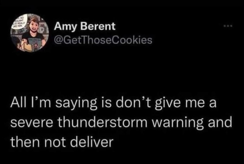 MALL Amy Berent @GetThoseCookies All I'm saying is don't give me a severe thunderstorm warning and then not deliver