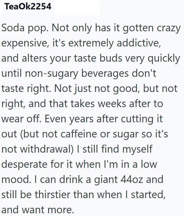 TeaOk2254 Soda pop. Not only has it gotten crazy expensive, it's extremely addictive, and alters your taste buds very quickly until non-sugary beverages don't taste right. Not just not good, but not right, and that takes weeks after to wear off. Even years after cutting it out (but not caffeine or sugar so it's not withdrawal) I still find myself desperate for it when I'm in a low mood. I can drink a giant 44oz and still be thirstier than when I started, and want more.