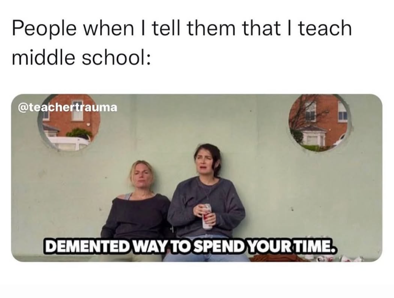 People when I tell them that I teach. middle school: @teachertrauma DEMENTED WAY TO SPEND YOUR TIME.