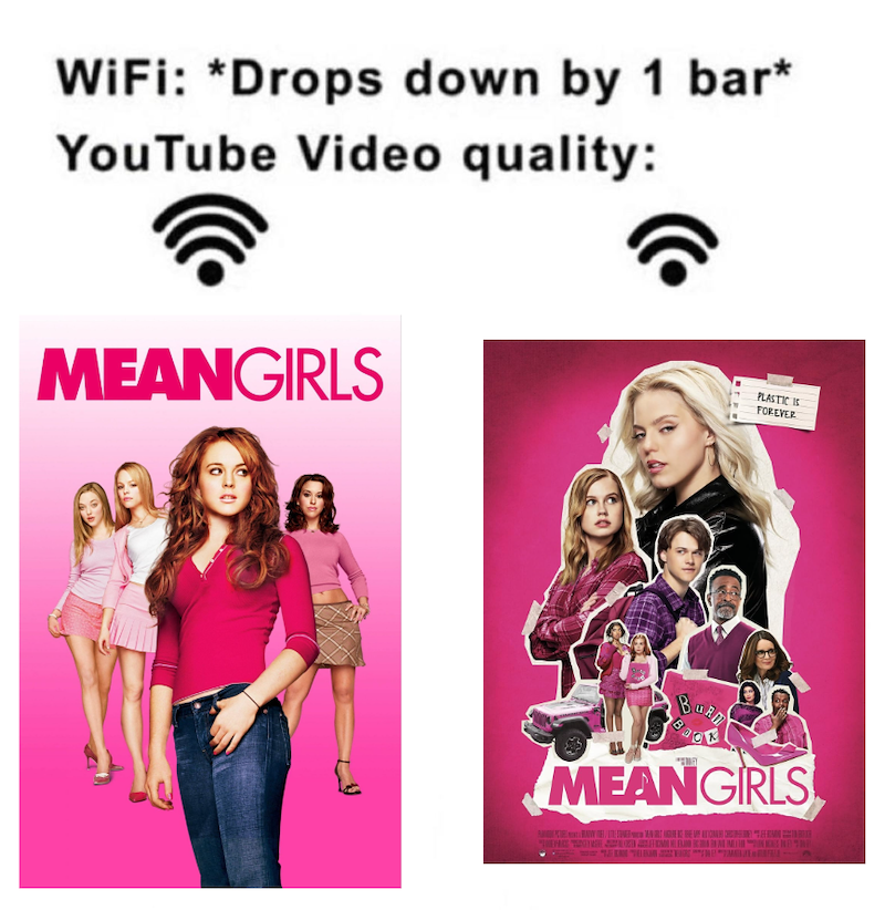 WiFi: *Drops down by 1 bar* YouTube Video quality: MEANGIRLS คม a PLASTIC IS FOREVER BURN BOOK MEANGIRLS