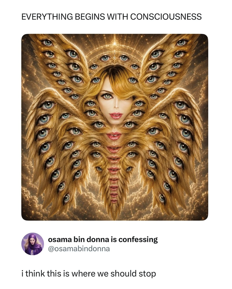 EVERYTHING BEGINS WITH CONSCIOUSNESS € 0 6 6 6 6 6 osama bin donna is confessing @osamabindonna i think this is where we should stop