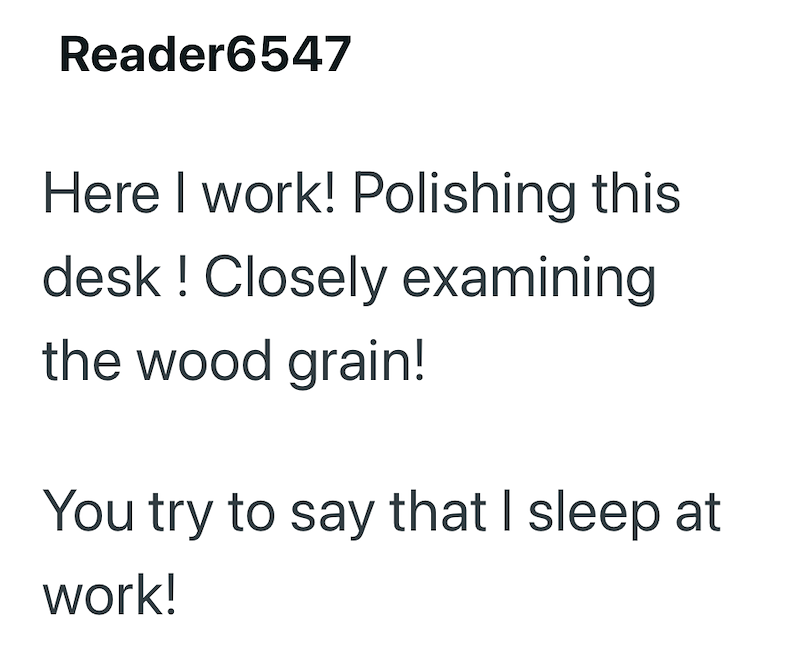 Reader6547 Here I work! Polishing this desk! Closely examining the wood grain! You try to say that I sleep at work!