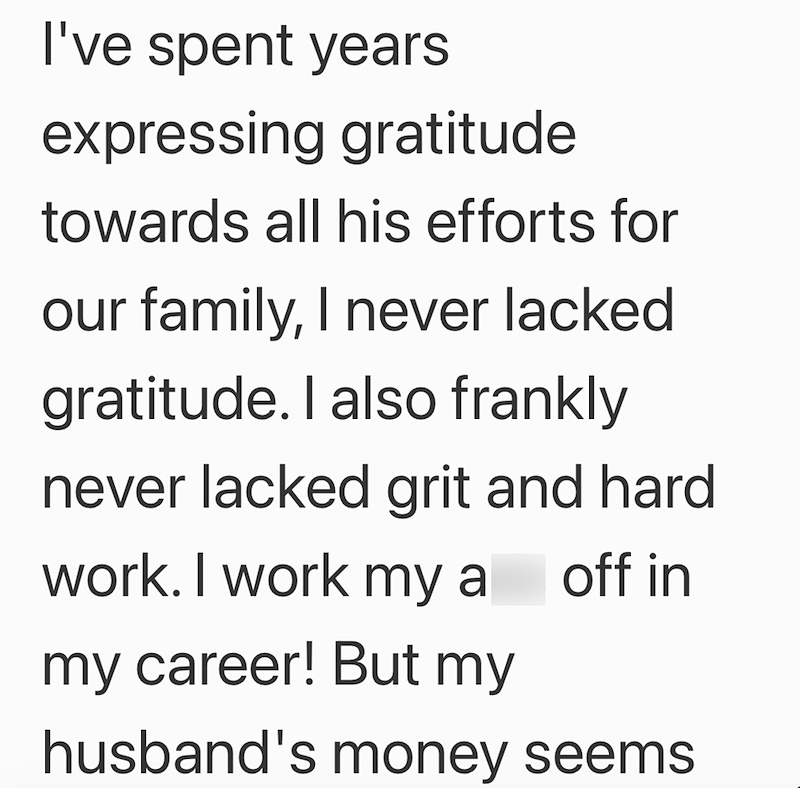 I've spent years expressing gratitude towards all his efforts for our family, I never lacked gratitude. I also frankly never lacked grit and hard work. I work my a off in my career! But my husband's money seems