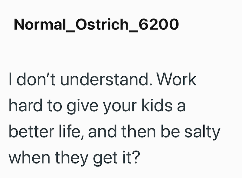 Normal_Ostrich_6200 I don't understand. Work hard to give your kids a better life, and then be salty when they get it?
