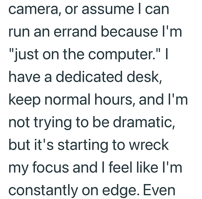 camera, or assume I can run an errand because I'm "just on the computer." I have a dedicated desk, keep normal hours, and I'm not trying to be dramatic, but it's starting to wreck my focus and I feel like I'm constantly on edge. Even