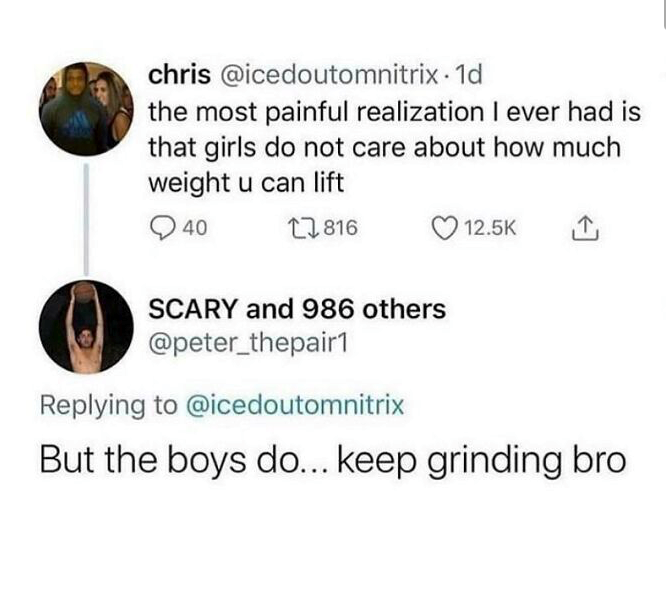chris@icedoutomnitrix. 1d the most painful realization I ever had is that girls do not care about how much weight u can lift 40 1816 12.5K SCARY and 986 others @peter_thepair1 Replying to @icedoutomnitrix But the boys do... keep grinding bro