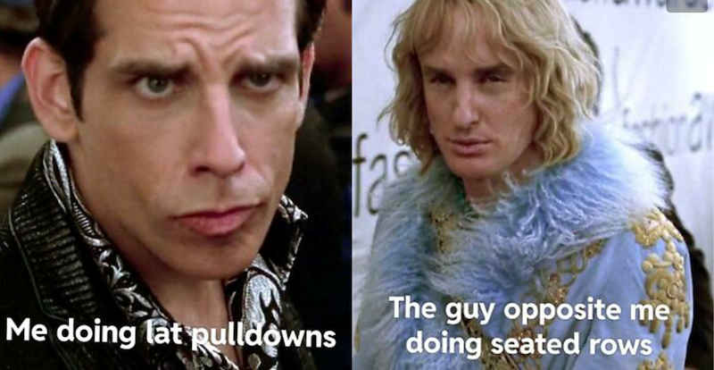 Me doing lat pulldowns The guy opposite me doing seated rows