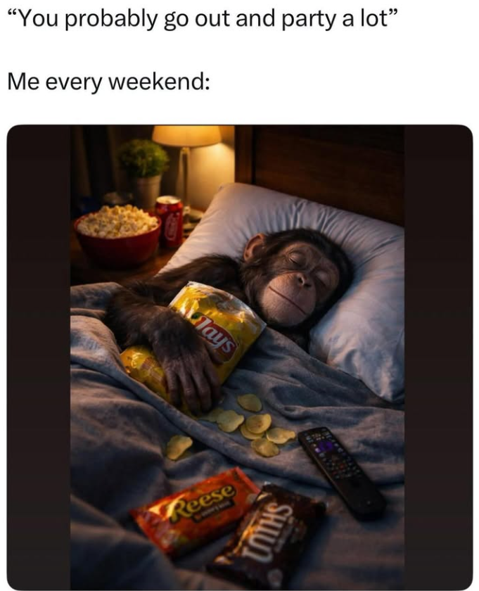 "You probably go out and party a lot" Me every weekend: lays Reese LITHS
