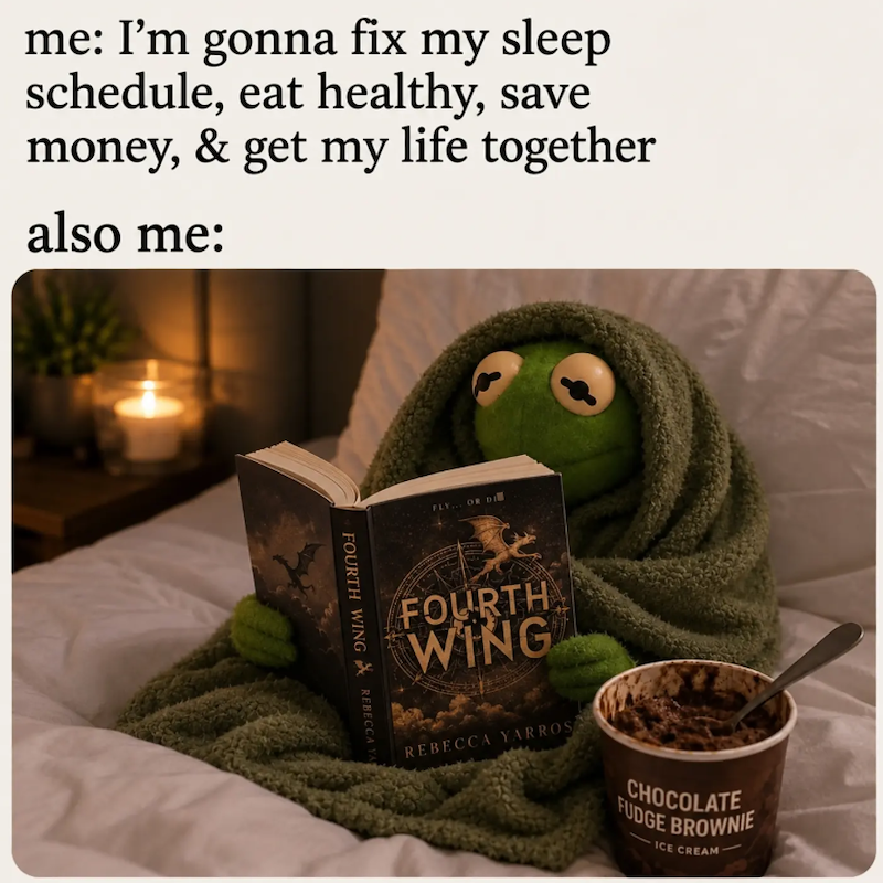 me: I'm gonna fix my sleep schedule, eat healthy, save money, & get my life together also me: FOURTH WING REBECCA YA FLY... OR DI FOURTH WING REBECCA YARROS FUDGE BROWNIE CHOCOLATE ICE CREAM
