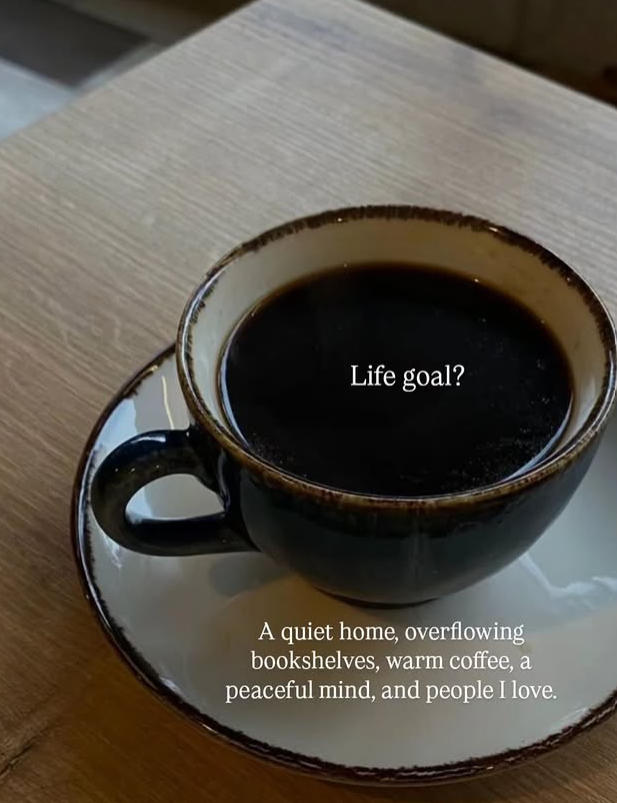 Life goal? A quiet home, overflowing bookshelves, warm coffee, a peaceful mind, and people I love.