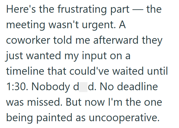 Here's the frustrating part-the meeting wasn't urgent. A coworker told me afterward they just wanted my input on a timeline that could've waited until 1:30. Nobody d d. No deadline was missed. But now I'm the one being painted as uncooperative.