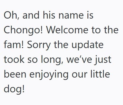 Oh, and his name is Chongo! Welcome to the fam! Sorry the update took so long, we've just been enjoying our little dog!