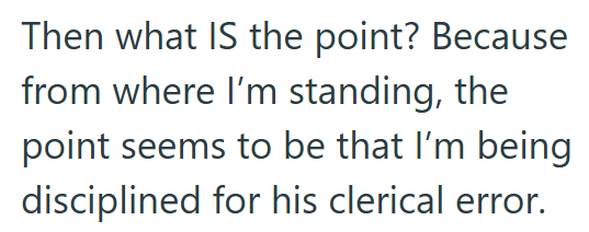 Then what IS the point? Because from where I'm standing, the point seems to be that I'm being disciplined for his clerical error.
