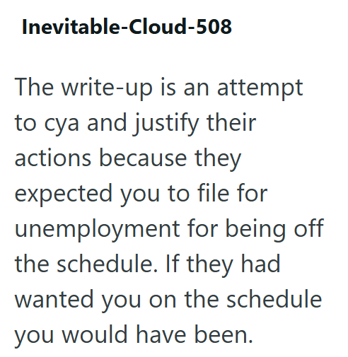 Inevitable-Cloud-508 The write-up is an attempt to cya and justify their actions because they expected you to file for unemployment for being off the schedule. If they had wanted you on the schedule you would have been.