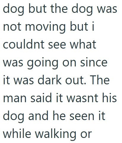 dog but the dog was not moving but i couldnt see what was going on since it was dark out. The man said it wasnt his dog and he seen it while walking or