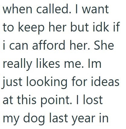 when called. I want to keep her but idk if i can afford her. She really likes me. Im just looking for ideas at this point. I lost my dog last year in