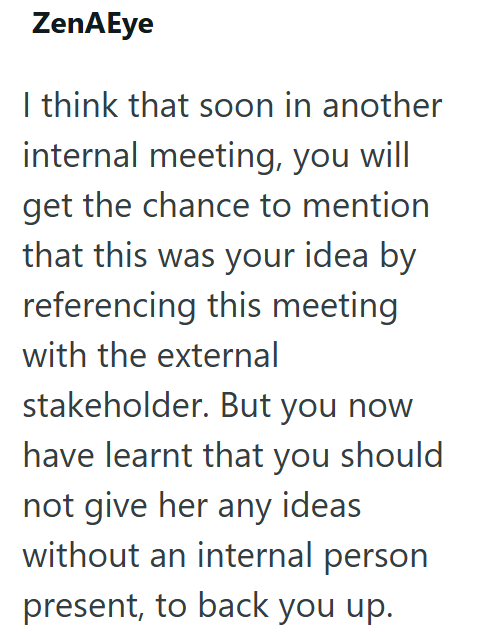 ZenAEye I think that soon in another internal meeting, you will get the chance to mention that this was your idea by referencing this meeting with the external stakeholder. But you now have learnt that you should not give her any ideas without an internal person present, to back you up.