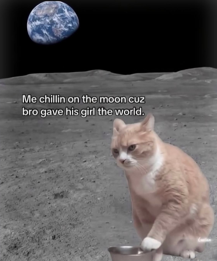 Me chillin on the moon cuz bro gave his girl the world.