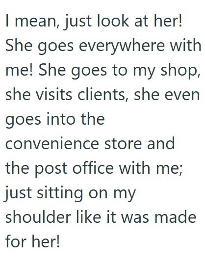 I mean, just look at her! She goes everywhere with me! She goes to my shop, she visits clients, she even goes into the convenience store and the post office with me; just sitting on my shoulder like it was made for her!