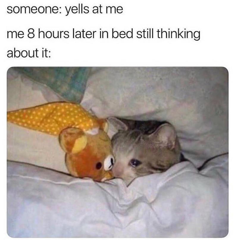 someone: yells at me me 8 hours later in bed still thinking about it: