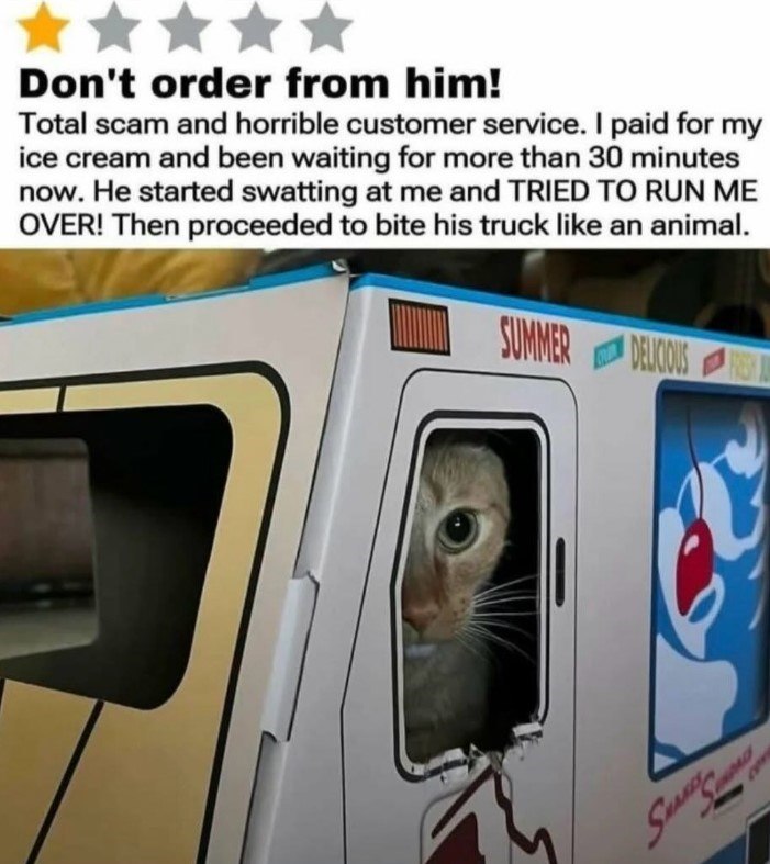 Don't order from him! Total scam and horrible customer service. I paid for my ice cream and been waiting for more than 30 minutes now. He started swatting at me and TRIED TO RUN ME OVER! Then proceeded to bite his truck like an animal. SUMMER DELICIOUS FRESH A SHARD S