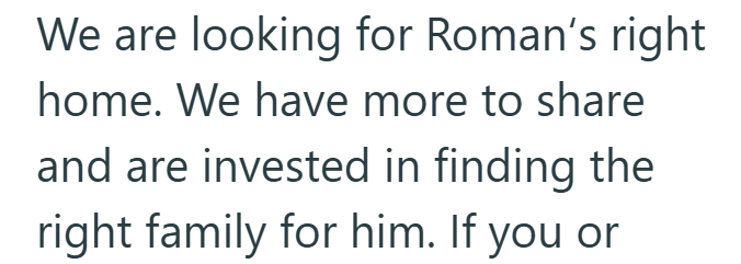 We are looking for Roman's right home. We have more to share and are invested in finding the right family for him. If you or