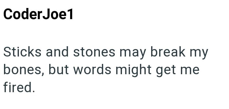 Coder Joe1 Sticks and stones may break my bones, but words might get me fired.