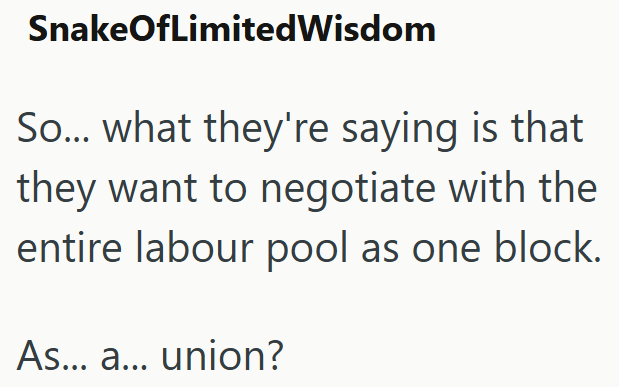 SnakeOfLimited Wisdom So... what they're saying is that they want to negotiate with the entire labour pool as one block. As... a... union?