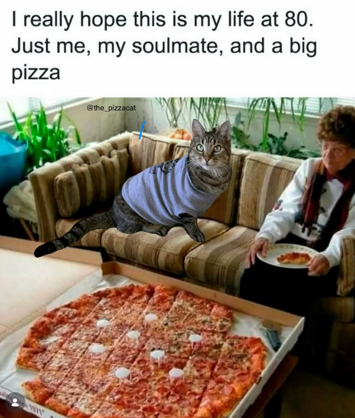 I really hope this is my life at 80. Just me, my soulmate, and a big pizza @the_pizzacat 1971