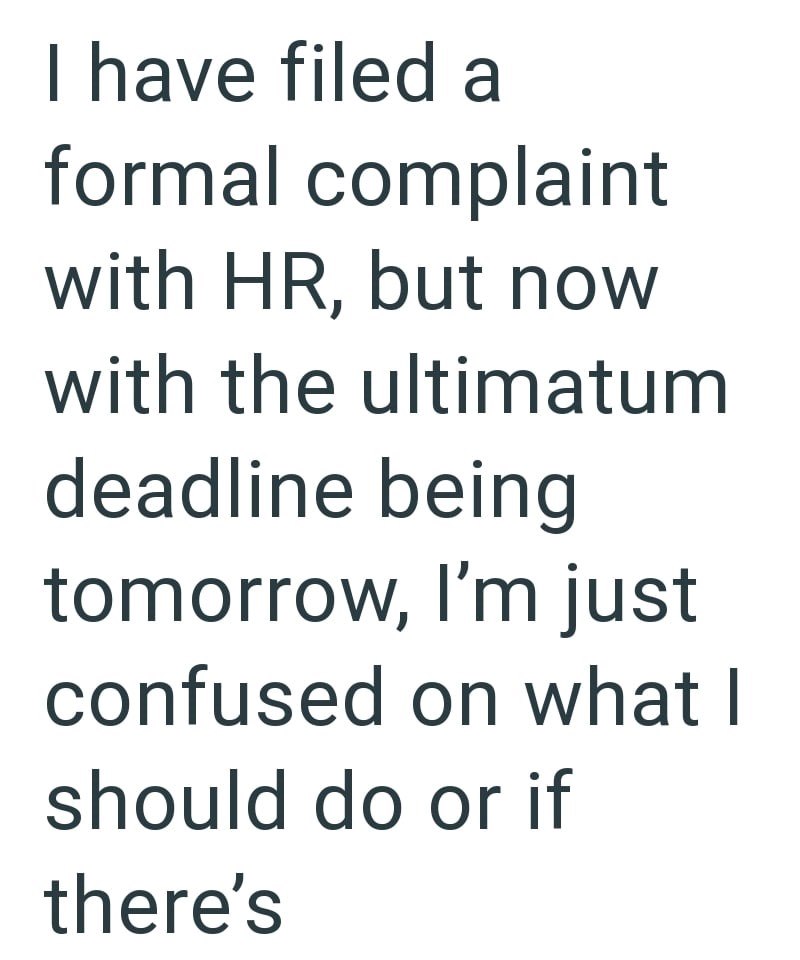 I have filed a formal complaint with HR, but now with the ultimatum deadline being tomorrow, I'm just confused on what I should do or if there's