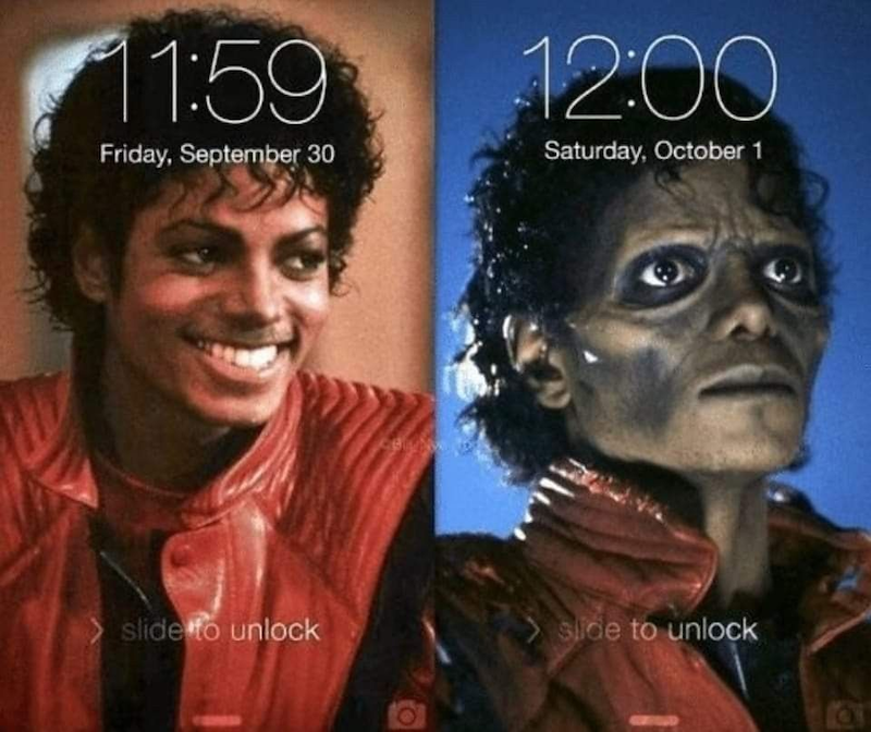 11:59 Friday, September 30 12:00 Saturday, October 1 slide to unlock slide to unlock