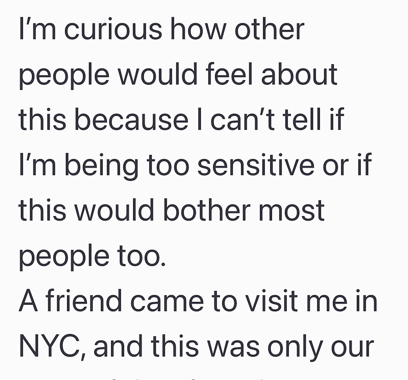 I'm curious how other people would feel about this because I can't tell if I'm being too sensitive or if this would bother most people too. A friend came to visit me in NYC, and this was only our