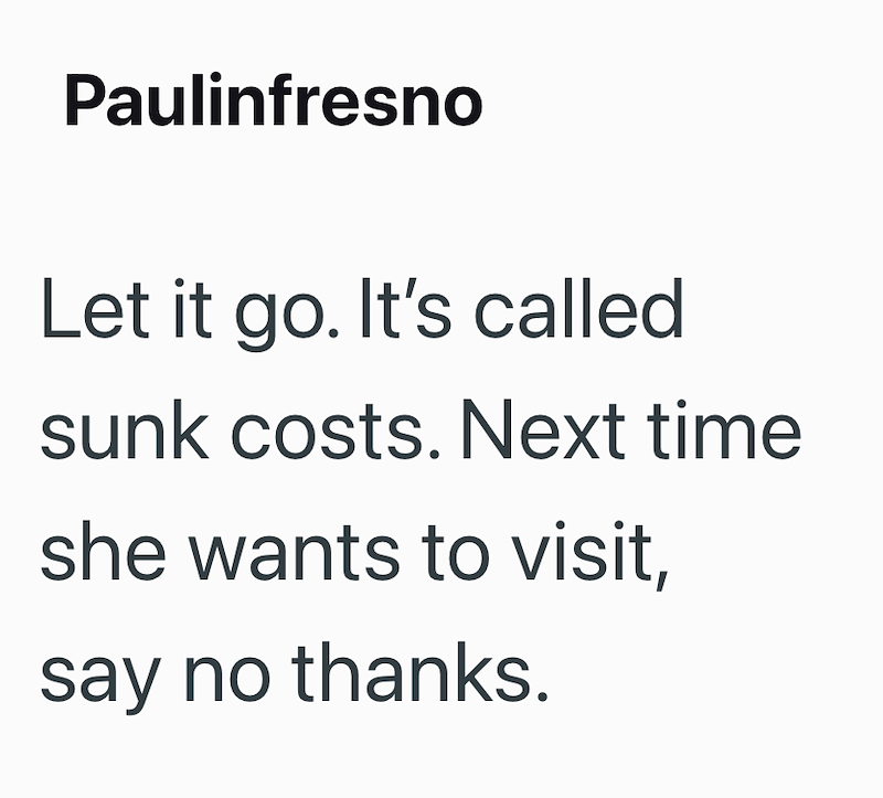Paulinfresno Let it go. It's called sunk costs. Next time she wants to visit, say no thanks.