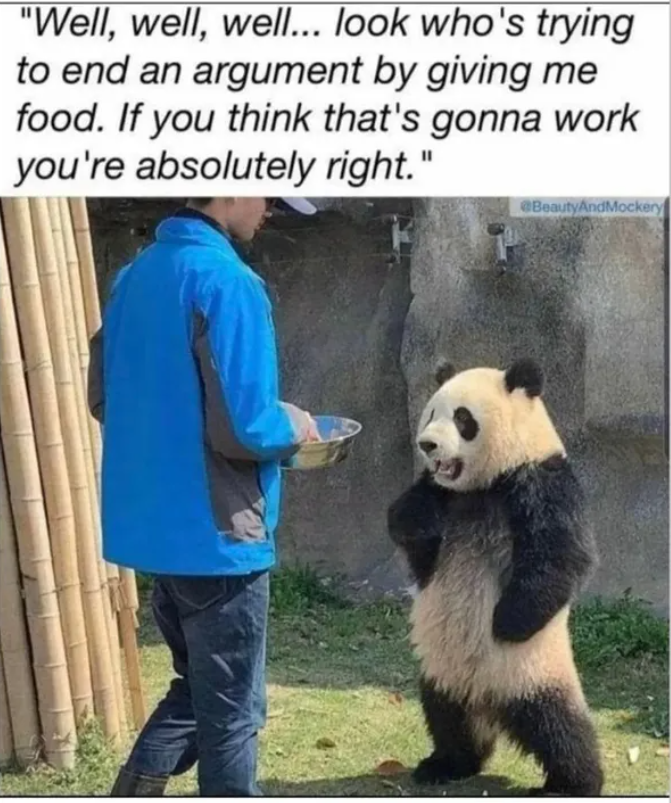 "Well, well, well... look who's trying to end an argument by giving me food. If you think that's gonna work you're absolutely right." @BeautyAndMockery