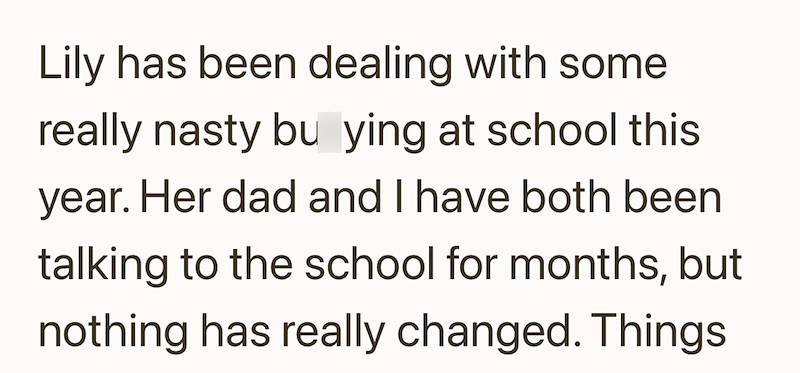 Lily has been dealing with some really nasty bu ying at school this year. Her dad and I have both been talking to the school for months, but nothing has really changed. Things