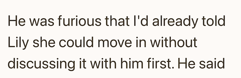He was furious that I'd already told Lily she could move in without discussing it with him first. He said