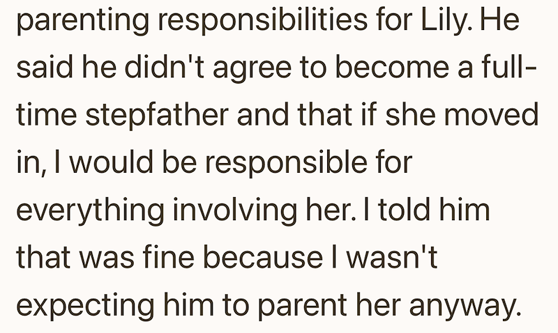 parenting responsibilities for Lily. He said he didn't agree to become a full- time stepfather and that if she moved in, I would be responsible for everything involving her. I told him that was fine because I wasn't expecting him to parent her anyway.