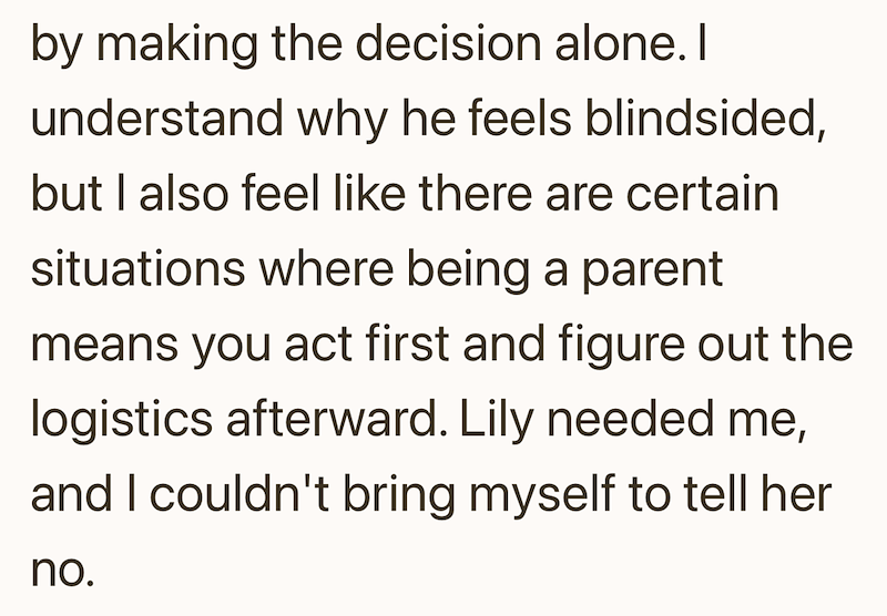 by making the decision alone. I understand why he feels blindsided, but I also feel like there are certain situations where being a parent means you act first and figure out the logistics afterward. Lily needed me, and I couldn't bring myself to tell her no.