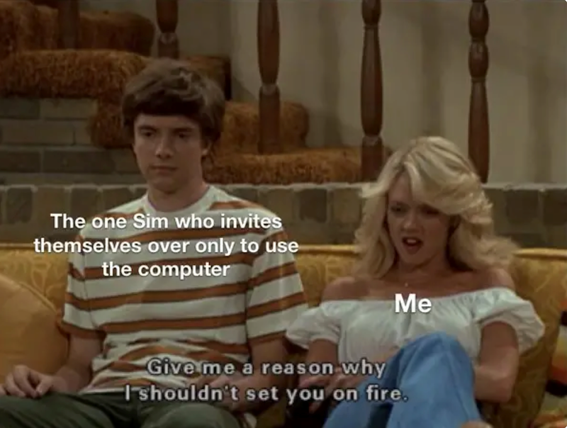 The one Sim who invites themselves over only to use the computer Me Give me a reason why I shouldn't set you on fire.