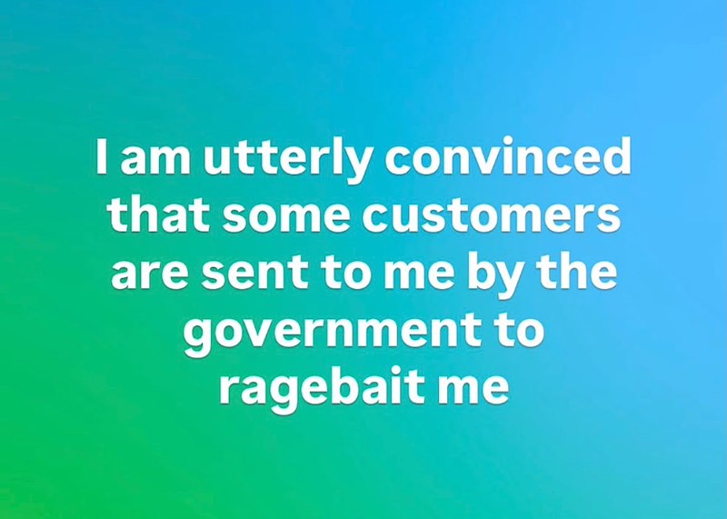 I am utterly convinced that some customers are sent to me by the government to ragebait me