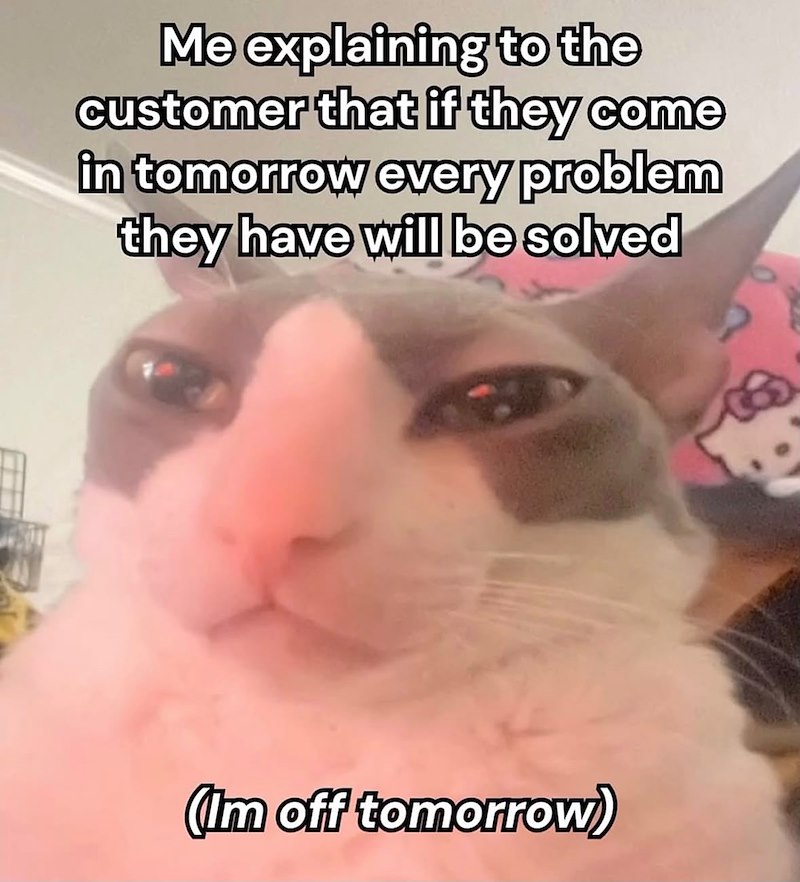 Me explaining to the customer that if they come in tomorrow every problem they have will be solved (Im off tomorrow)
