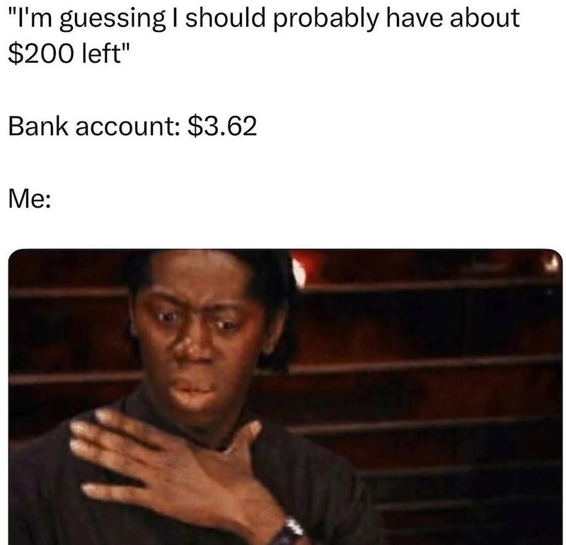 "I'm guessing I should probably have about $200 left" Bank account: $3.62 Me: