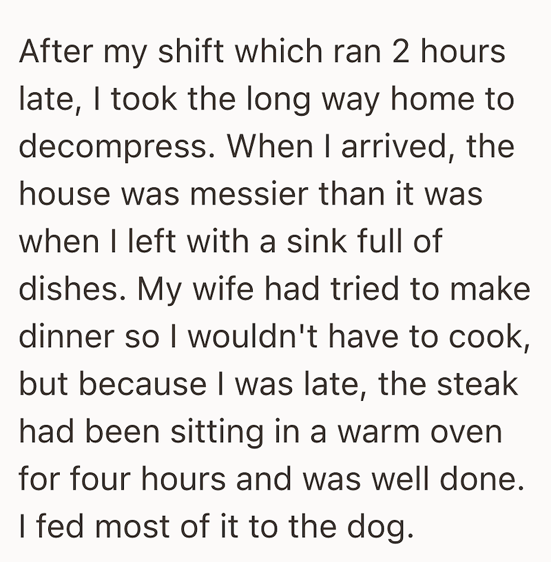 After my shift which ran 2 hours late, I took the long way home to decompress. When I arrived, the house was messier than it was when I left with a sink full of dishes. My wife had tried to make dinner so I wouldn't have to cook, but because I was late, the steak had been sitting in a warm oven for four hours and was well done. I fed most of it to the dog.