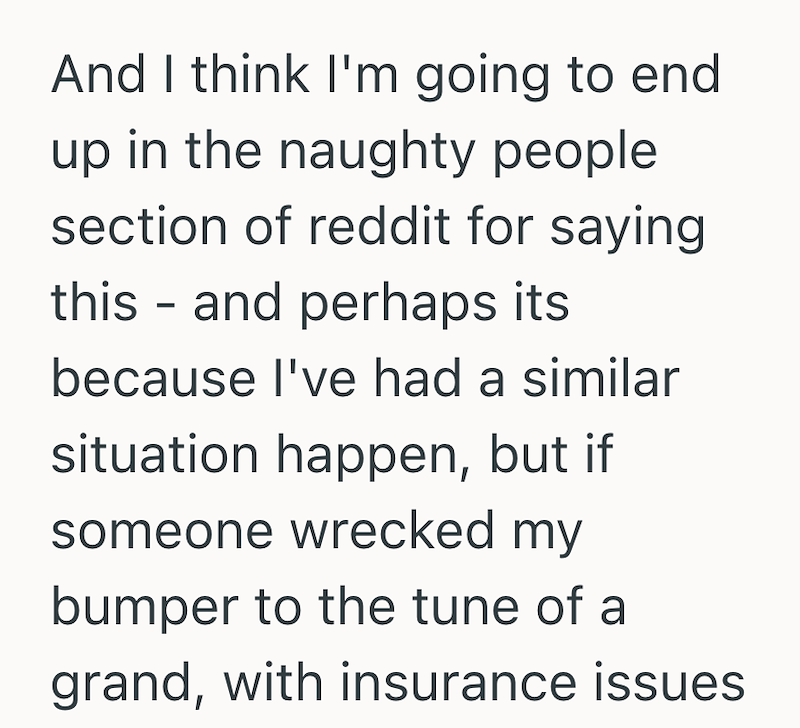 And I think I'm going to end up in the naughty people section of reddit for saying this and perhaps its - because I've had a similar situation happen, but if someone wrecked my bumper to the tune of a grand, with insurance issues