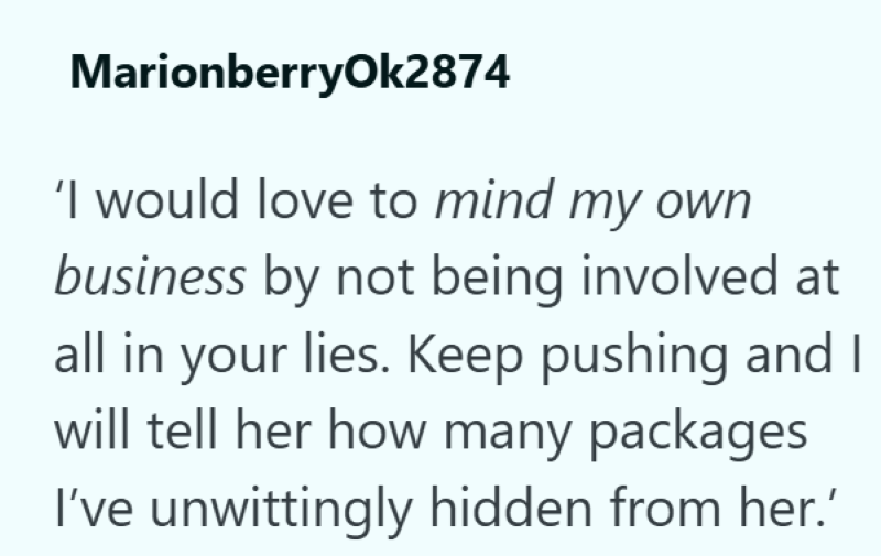 MarionberryOk2874 'I would love to mind my own business by not being involved at all in your lies. Keep pushing and I will tell her how many packages I've unwittingly hidden from her.'