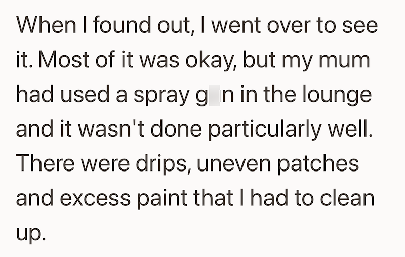 When I found out, I went over to see it. Most of it was okay, but my mum had used a spray gain in the lounge and it wasn't done particularly well. There were drips, uneven patches and excess paint that I had to clean up.