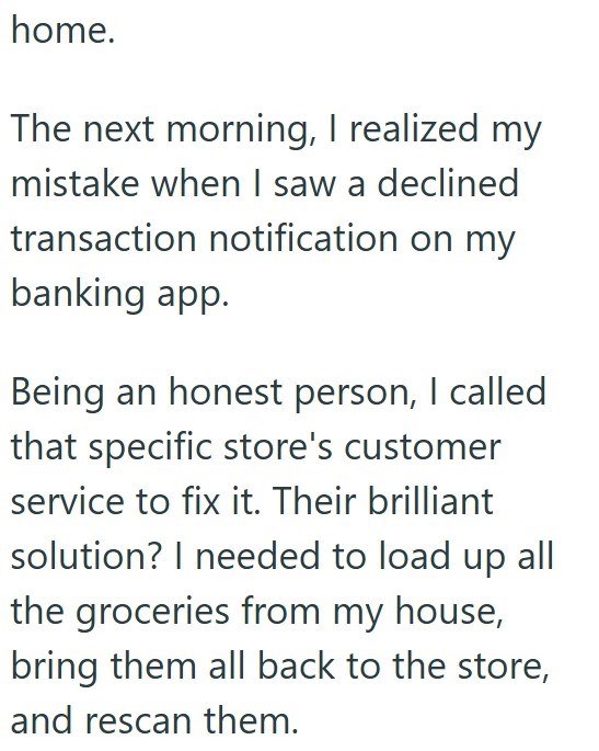 home. The next morning, I realized my mistake when I saw a declined transaction notification on my banking app. Being an honest person, I called that specific store's customer service to fix it. Their brilliant solution? I needed to load up all the groceries from my house, bring them all back to the store, and rescan them.