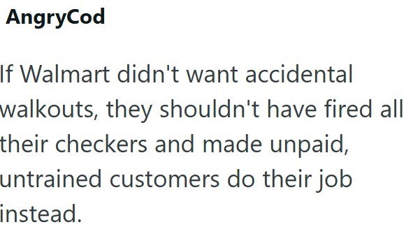 AngryCod If Walmart didn't want accidental walkouts, they shouldn't have fired all their checkers and made unpaid, untrained customers do their job instead.