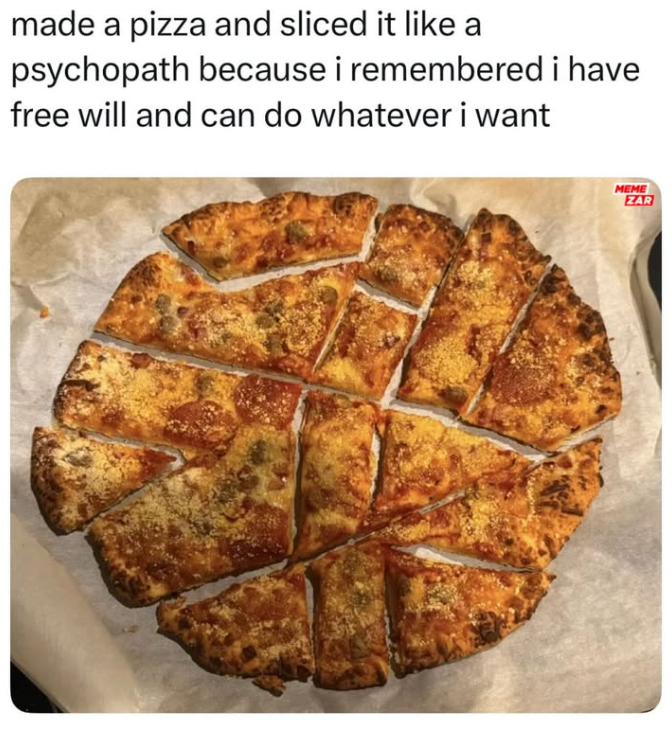 made a pizza and sliced it like a psychopath because i remembered i have free will and can do whatever i want MEME ZAR